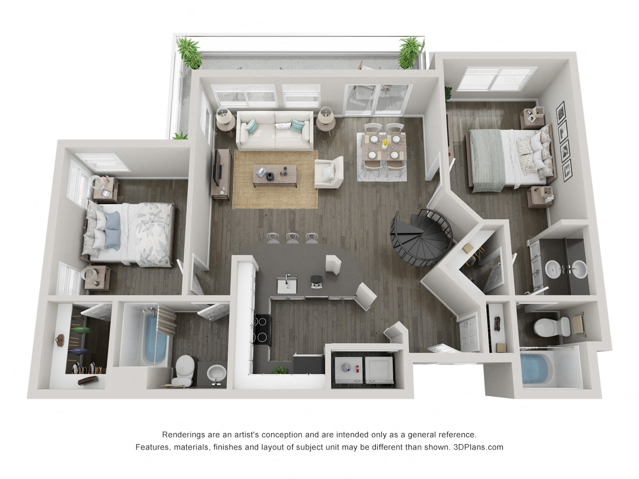 Floor plan for 2 beds, 2 baths, 1268 sqft